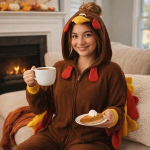 Tipsy Elves Turkey Costume Jumpsuit Pajamas Womens S Brown Thanksgiving Fleece